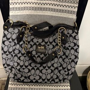 Coach Black and Gray Signature Canvas Shoulder Tote with Chain-Strap Accents